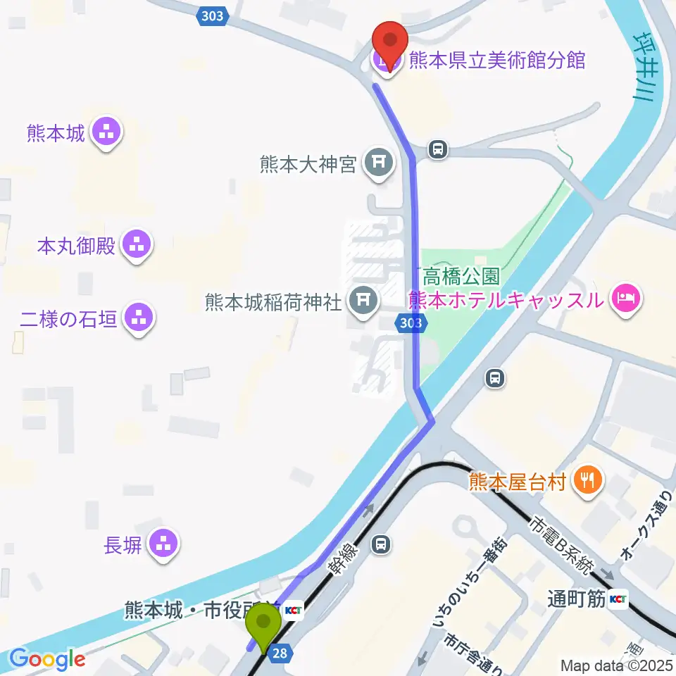 熊本城・市役所前駅から熊本県立美術館分館へのルートマップ地図