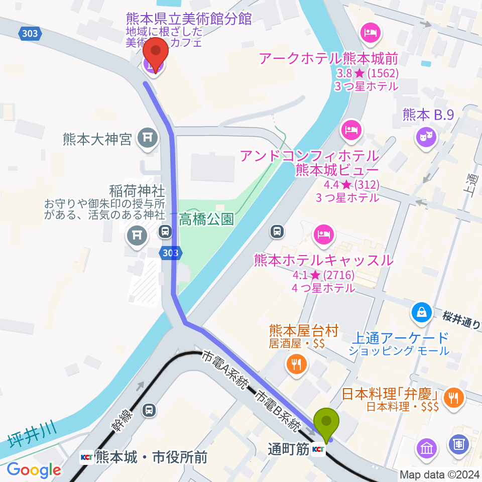 熊本県立美術館分館の最寄駅通町筋駅からの徒歩ルート（約7分）地図