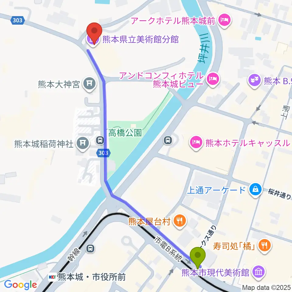熊本県立美術館分館の最寄駅通町筋駅からの徒歩ルート（約7分）地図