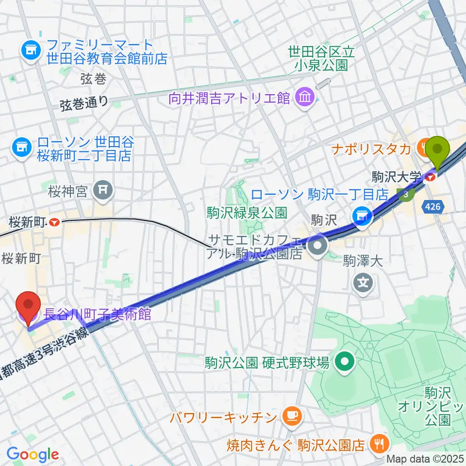 駒沢大学駅から長谷川町子美術館・記念館へのルートマップ地図