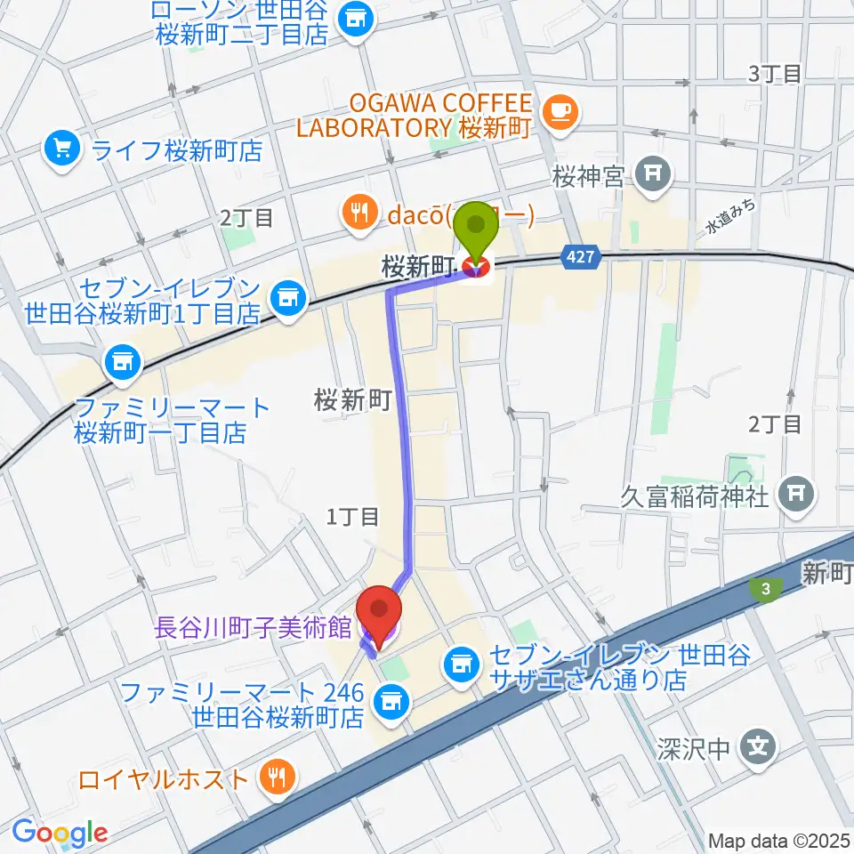 長谷川町子美術館・記念館の最寄駅桜新町駅からの徒歩ルート（約7分）地図