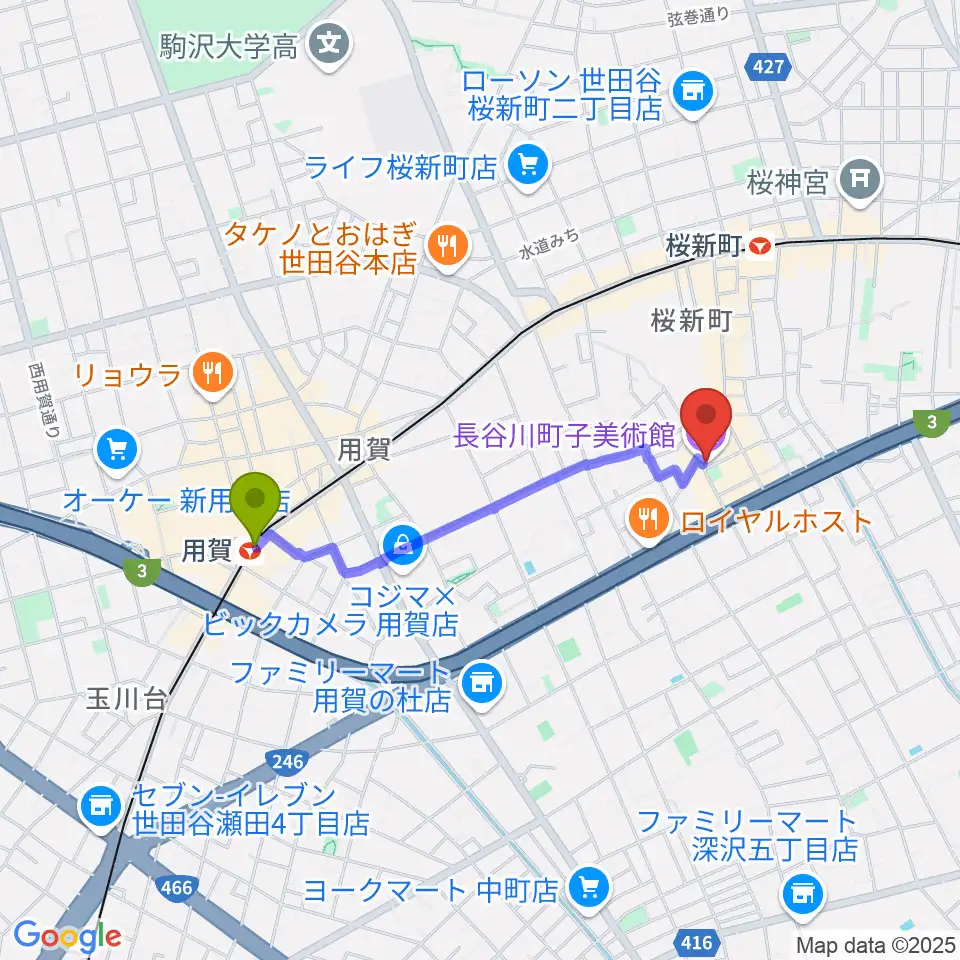 用賀駅から長谷川町子美術館・記念館へのルートマップ地図