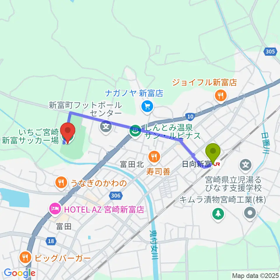 いちご宮崎新富サッカー場の最寄駅日向新富駅からの徒歩ルート（約17分）地図