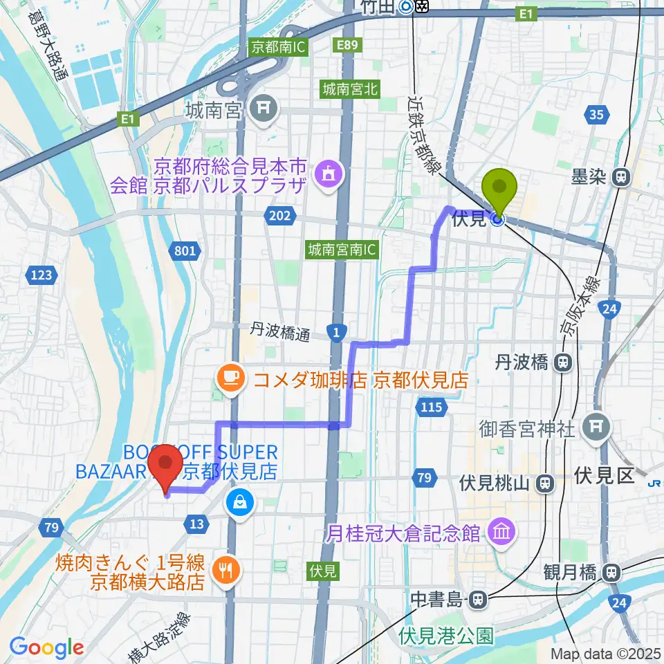 伏見駅からスタジオ・ウイットへのルートマップ地図