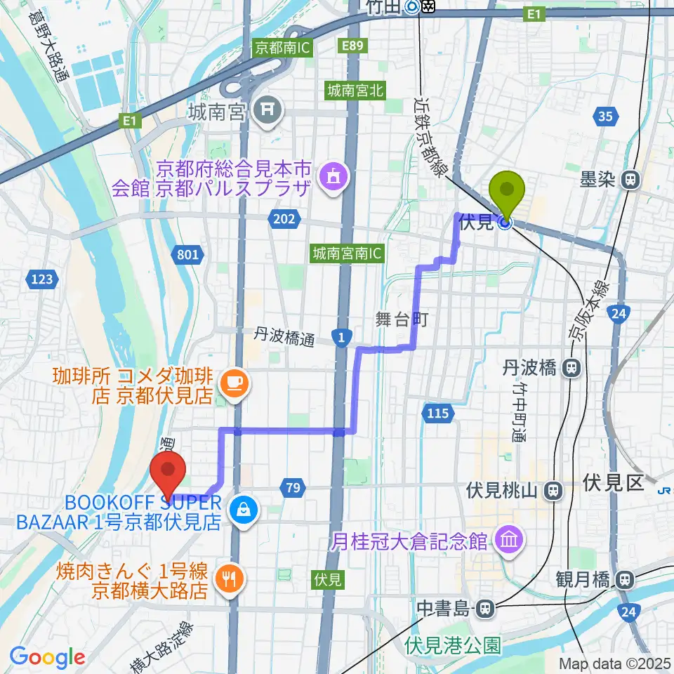 伏見駅からスタジオ・ウイットへのルートマップ地図