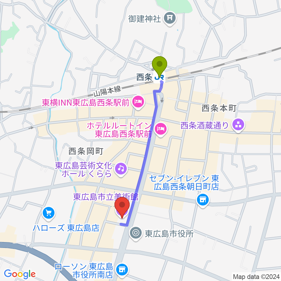 東広島市立美術館の最寄駅西条駅からの徒歩ルート（約8分）地図