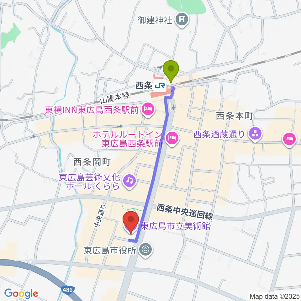 東広島市立美術館の最寄駅西条駅からの徒歩ルート（約8分）地図