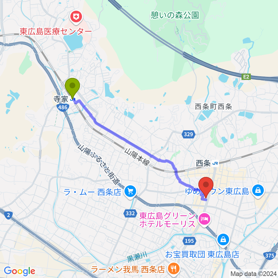 寺家駅から東広島市立美術館へのルートマップ地図