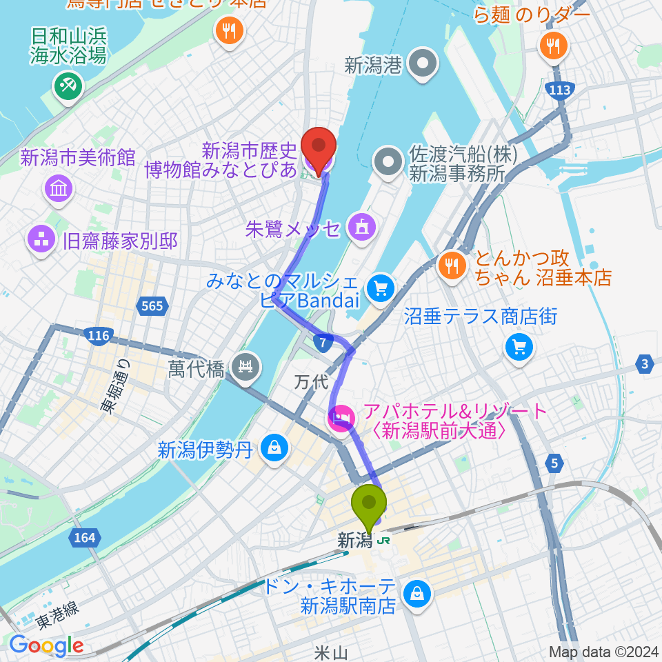 新潟市歴史博物館みなとぴあの最寄駅新潟駅からの徒歩ルート（約33分）地図