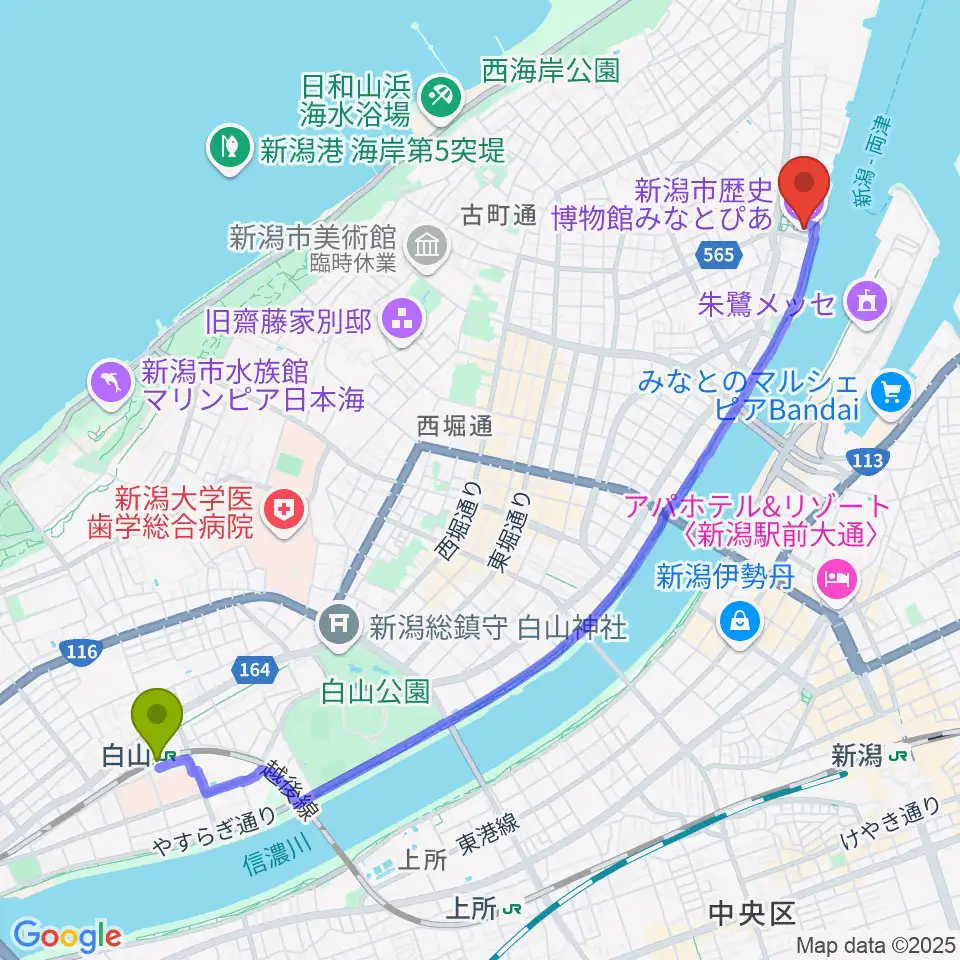白山駅から新潟市歴史博物館みなとぴあへのルートマップ地図