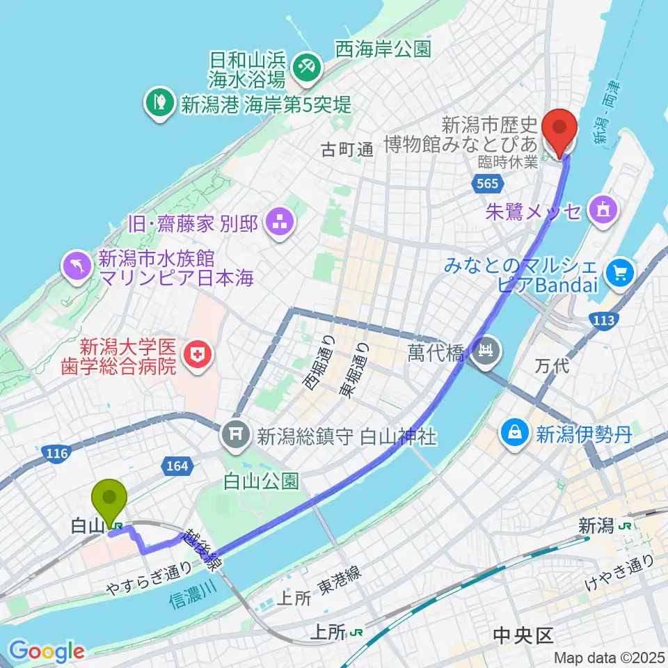 白山駅から新潟市歴史博物館みなとぴあへのルートマップ地図