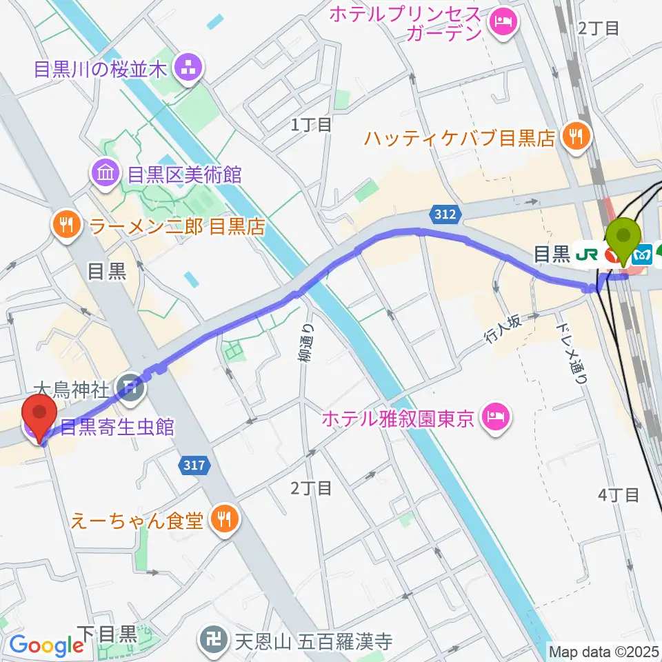目黒寄生虫館の最寄駅目黒駅からの徒歩ルート（約14分）地図