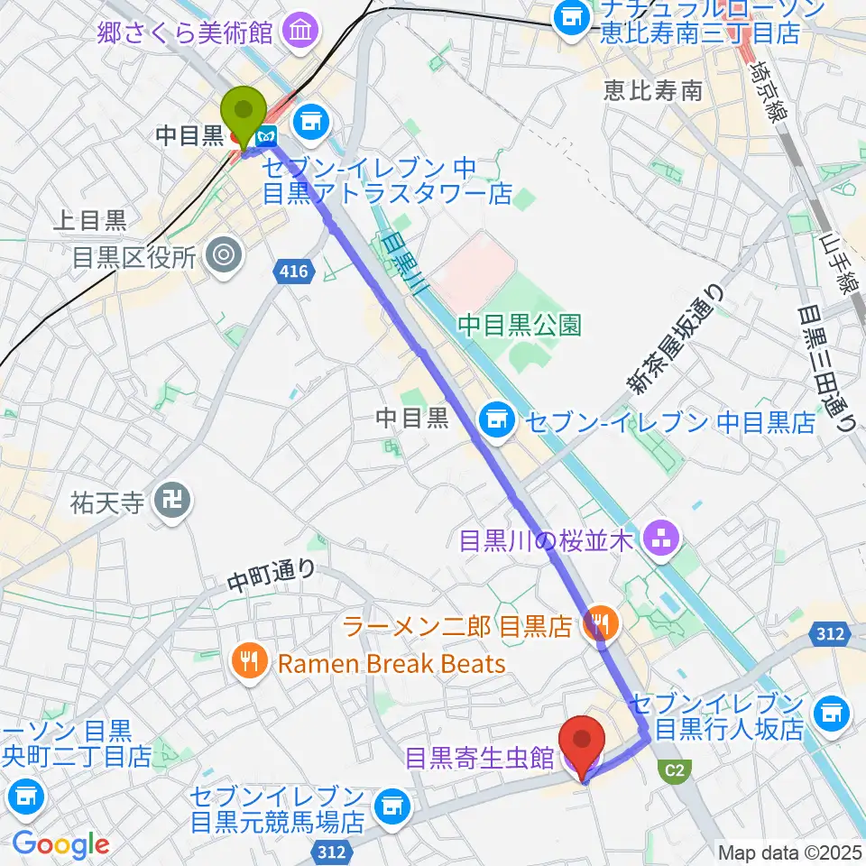 中目黒駅から目黒寄生虫館へのルートマップ地図