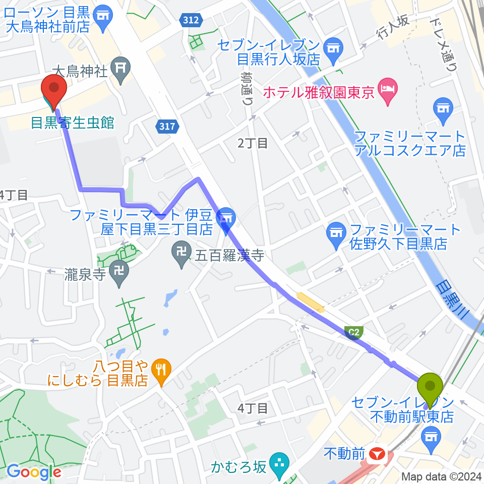 不動前駅から目黒寄生虫館へのルートマップ地図