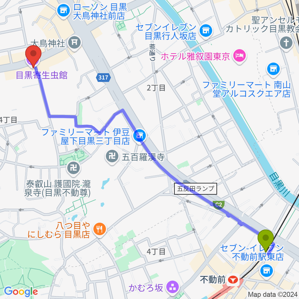 不動前駅から目黒寄生虫館へのルートマップ地図