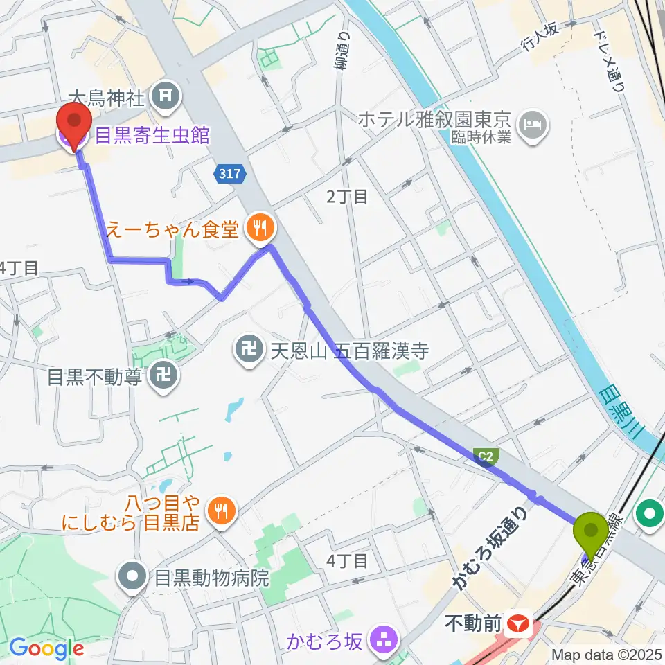 不動前駅から目黒寄生虫館へのルートマップ地図