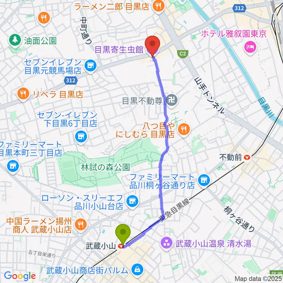武蔵小山駅から目黒寄生虫館へのルートマップ地図