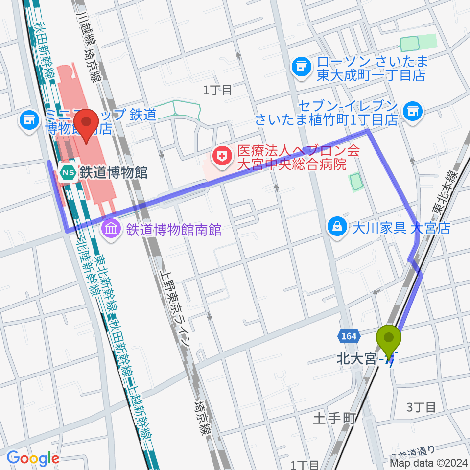 北大宮駅から鉄道博物館へのルートマップ地図