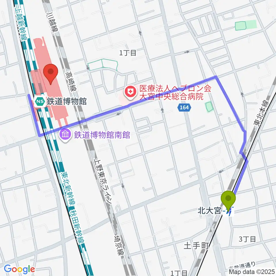北大宮駅から鉄道博物館へのルートマップ地図