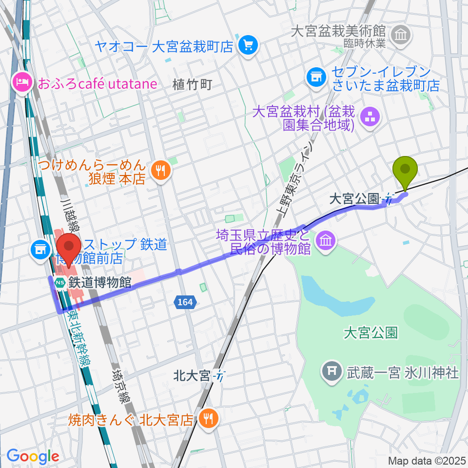 大宮公園駅から鉄道博物館へのルートマップ地図