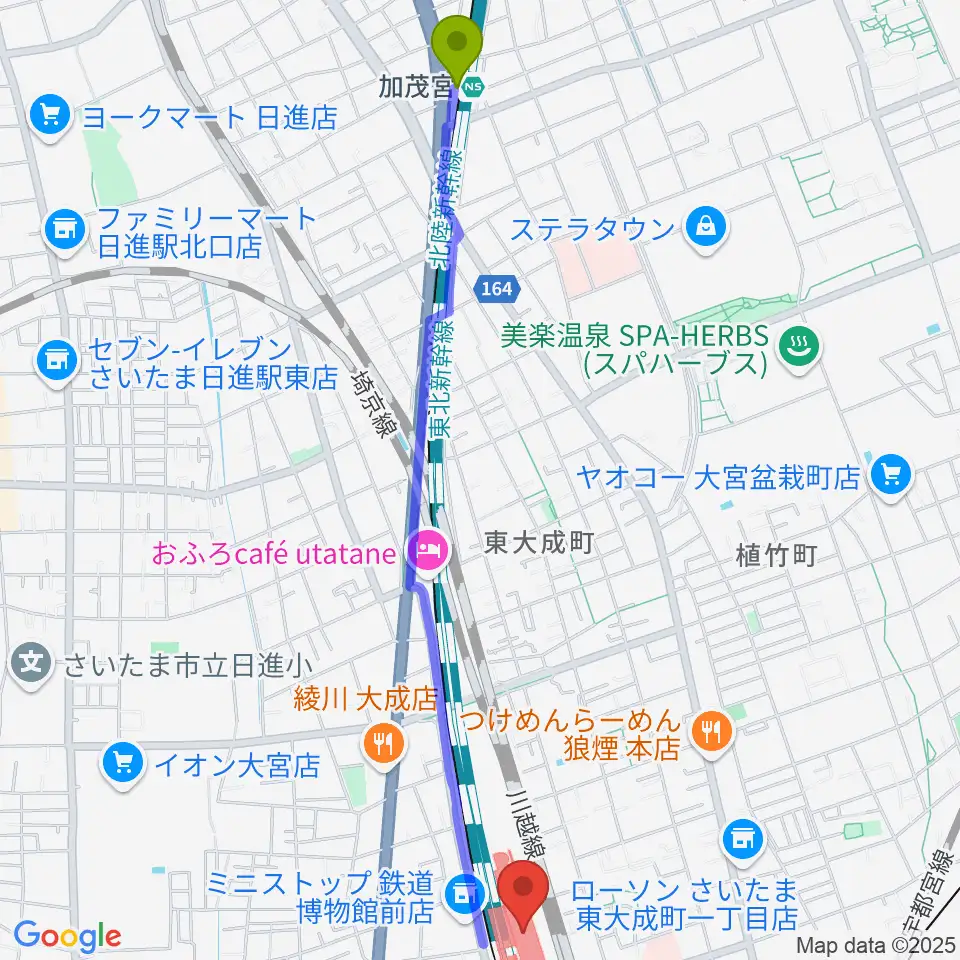加茂宮駅から鉄道博物館へのルートマップ地図