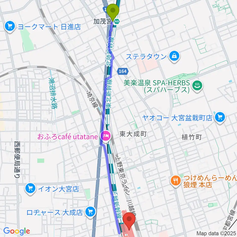 加茂宮駅から鉄道博物館へのルートマップ地図