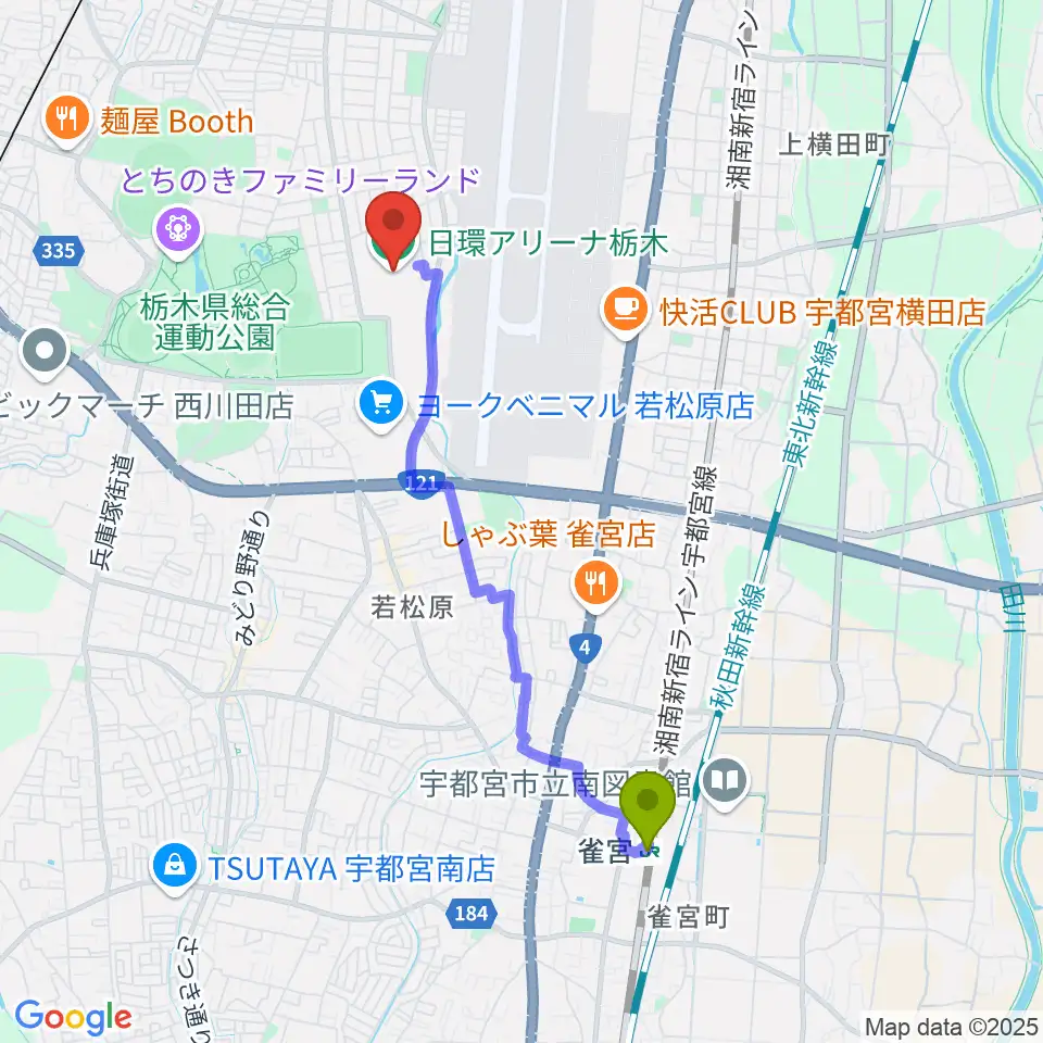 雀宮駅から日環アリーナ栃木へのルートマップ地図