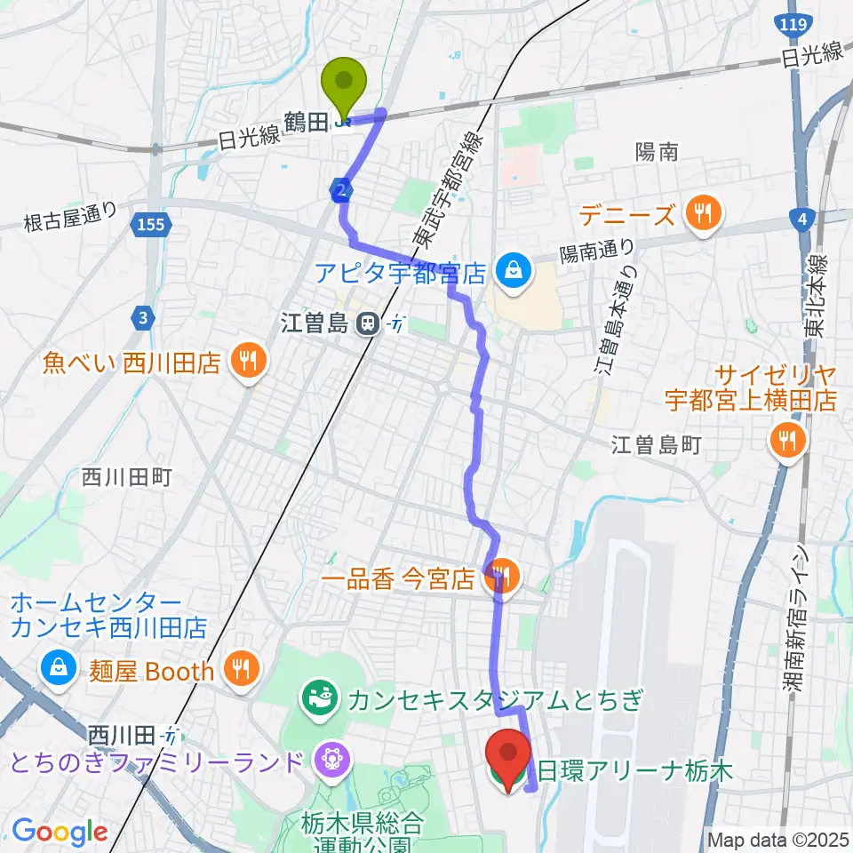 鶴田駅から日環アリーナ栃木へのルートマップ地図