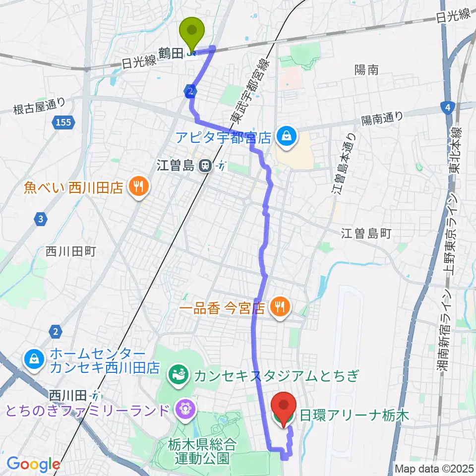 鶴田駅から日環アリーナ栃木へのルートマップ地図