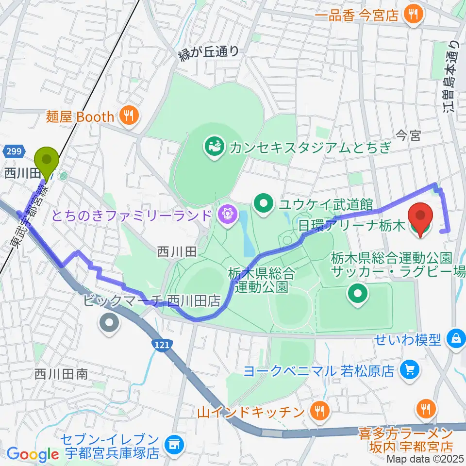 日環アリーナ栃木の最寄駅西川田駅からの徒歩ルート（約25分）地図