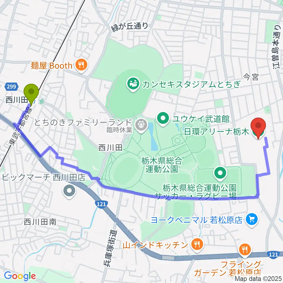 日環アリーナ栃木の最寄駅西川田駅からの徒歩ルート（約25分）地図