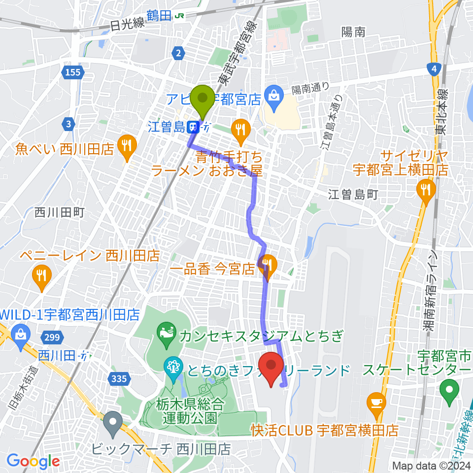 江曽島駅から日環アリーナ栃木へのルートマップ地図