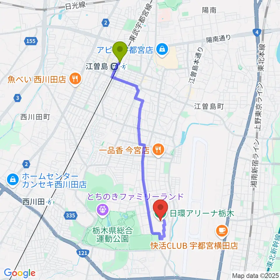 江曽島駅から日環アリーナ栃木へのルートマップ地図