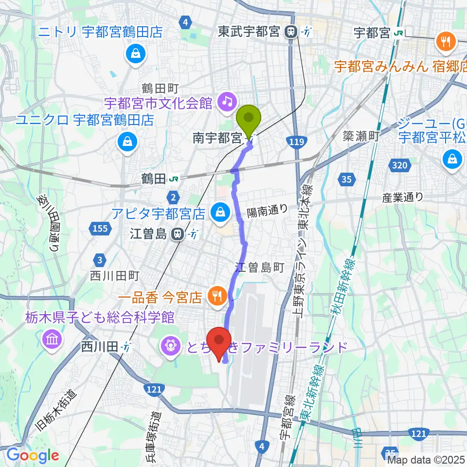 南宇都宮駅から日環アリーナ栃木へのルートマップ地図