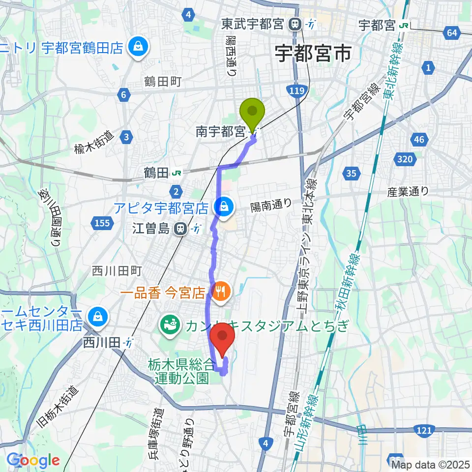 南宇都宮駅から日環アリーナ栃木へのルートマップ地図