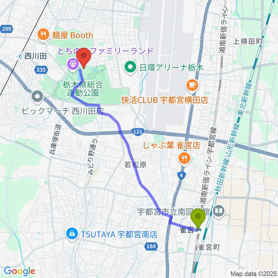 雀宮駅からユウケイ武道館へのルートマップ地図