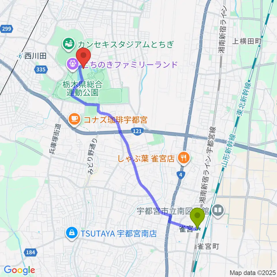 雀宮駅からユウケイ武道館へのルートマップ地図