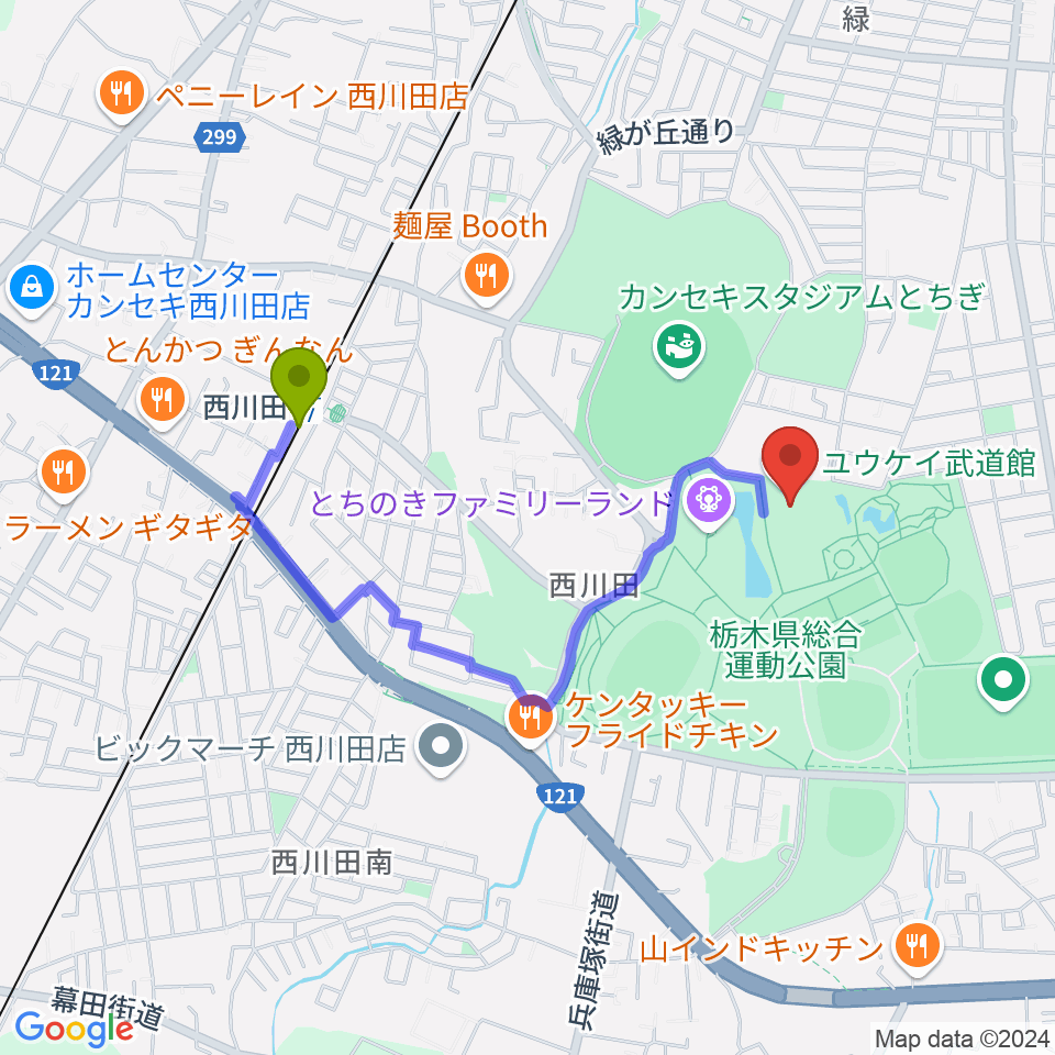 ユウケイ武道館の最寄駅西川田駅からの徒歩ルート（約15分）地図