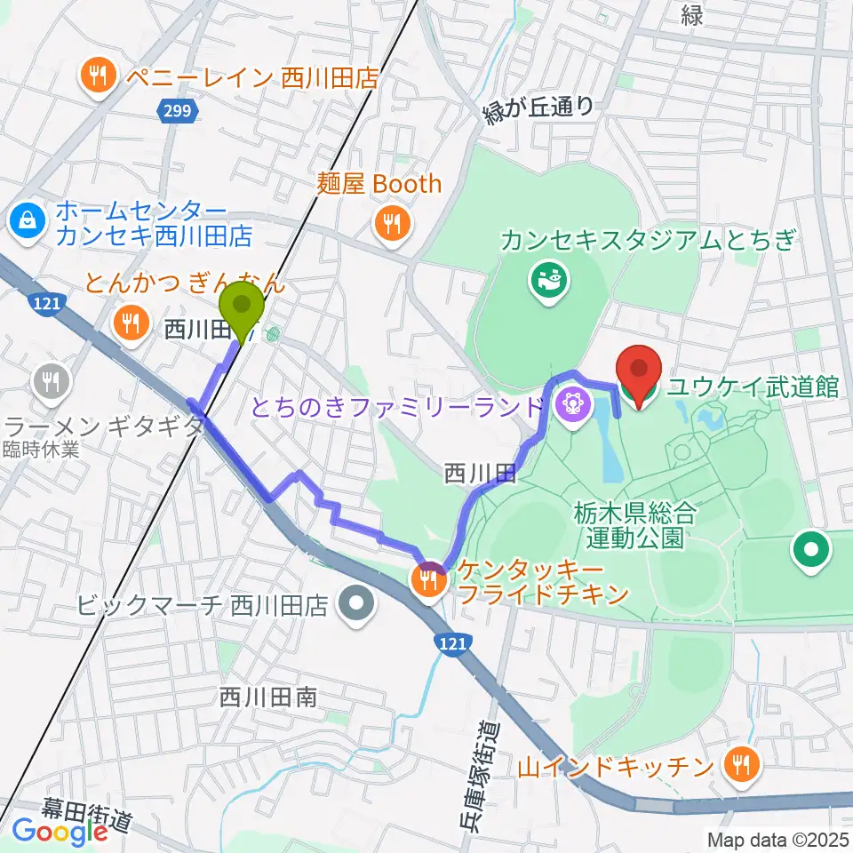 ユウケイ武道館の最寄駅西川田駅からの徒歩ルート（約15分）地図