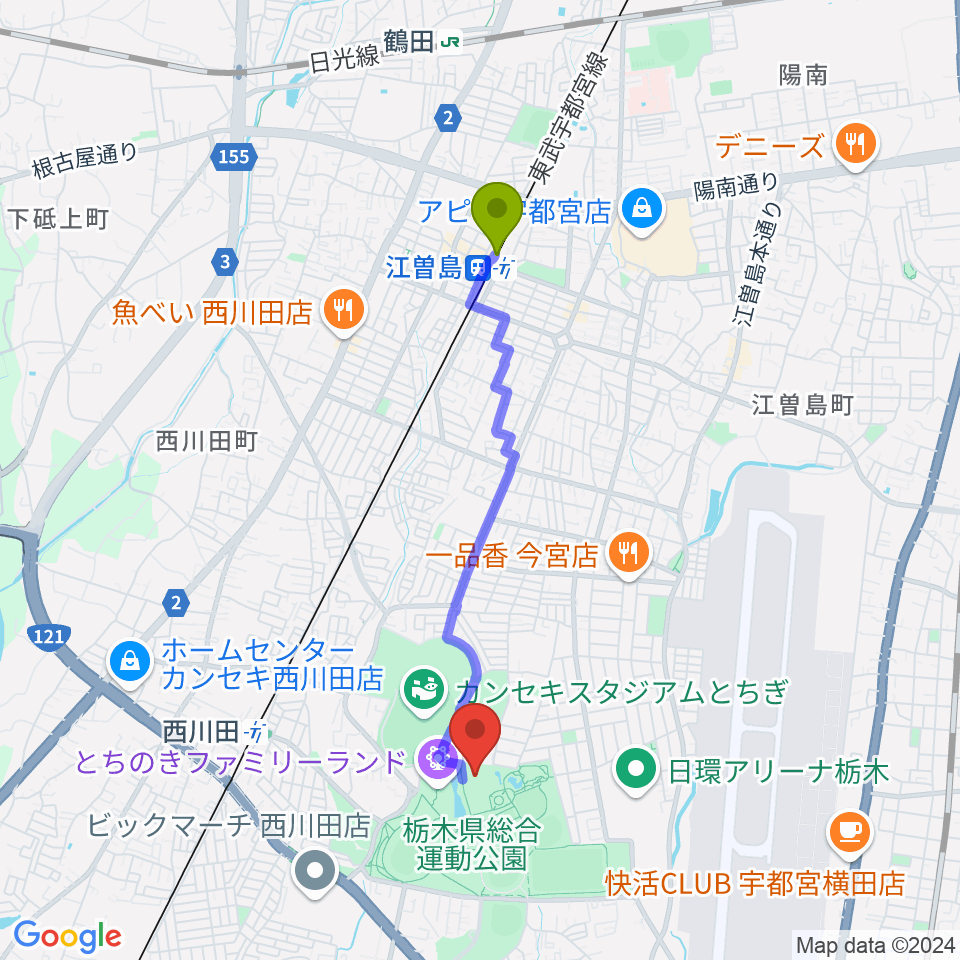 江曽島駅からユウケイ武道館へのルートマップ地図