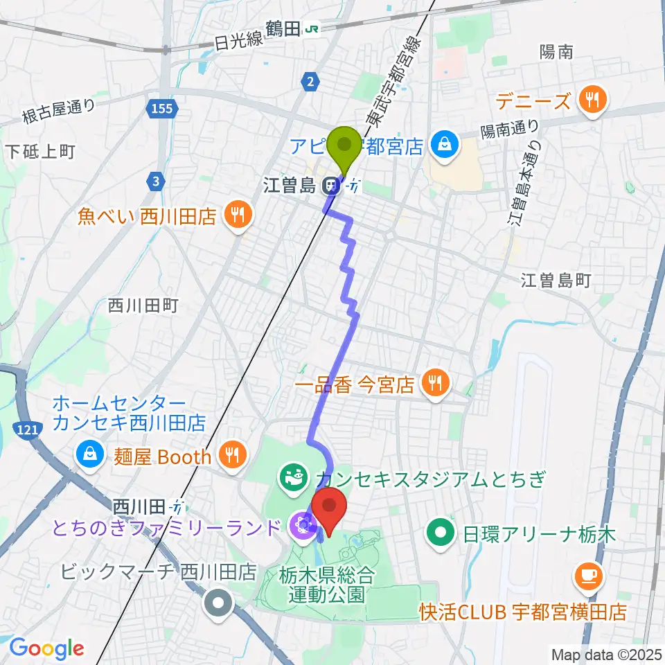 江曽島駅からユウケイ武道館へのルートマップ地図