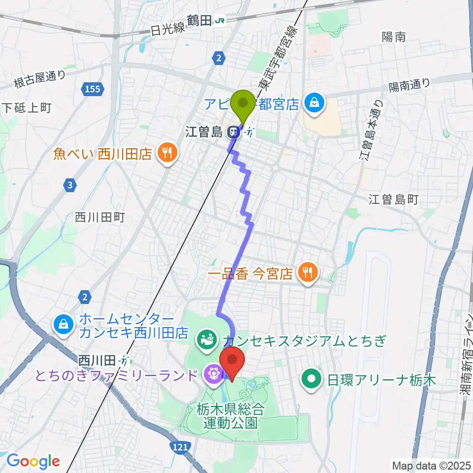 江曽島駅からユウケイ武道館へのルートマップ地図