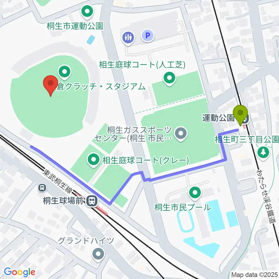 運動公園駅から小倉クラッチ・スタジアムへのルートマップ地図