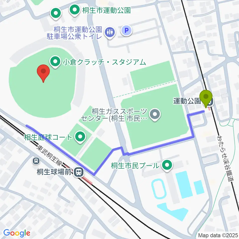 運動公園駅から小倉クラッチ・スタジアムへのルートマップ地図