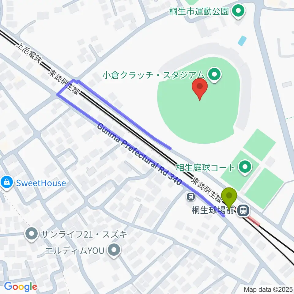 小倉クラッチ・スタジアムの最寄駅桐生球場前駅からの徒歩ルート（約3分）地図