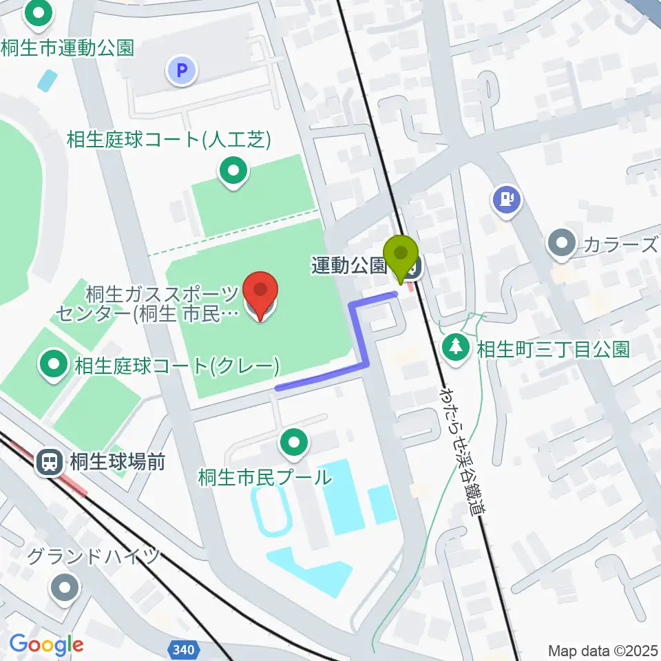 桐生ガススポーツセンターの最寄駅運動公園駅からの徒歩ルート（約2分）地図