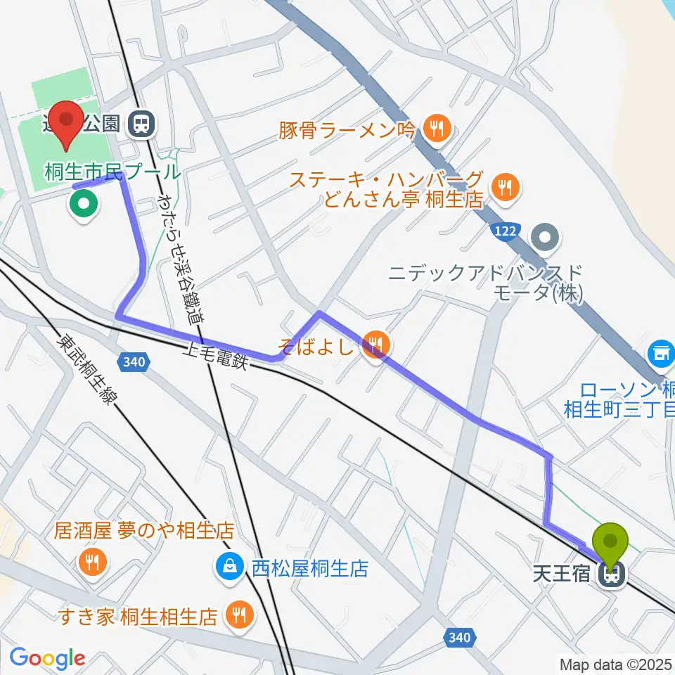 天王宿駅から桐生ガススポーツセンターへのルートマップ地図