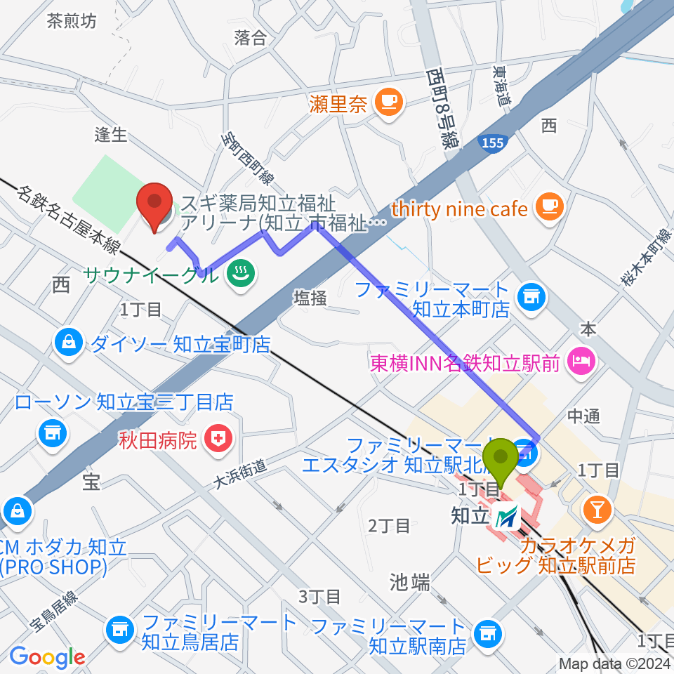 スギ薬局知立福祉アリーナの最寄駅知立駅からの徒歩ルート（約10分）地図