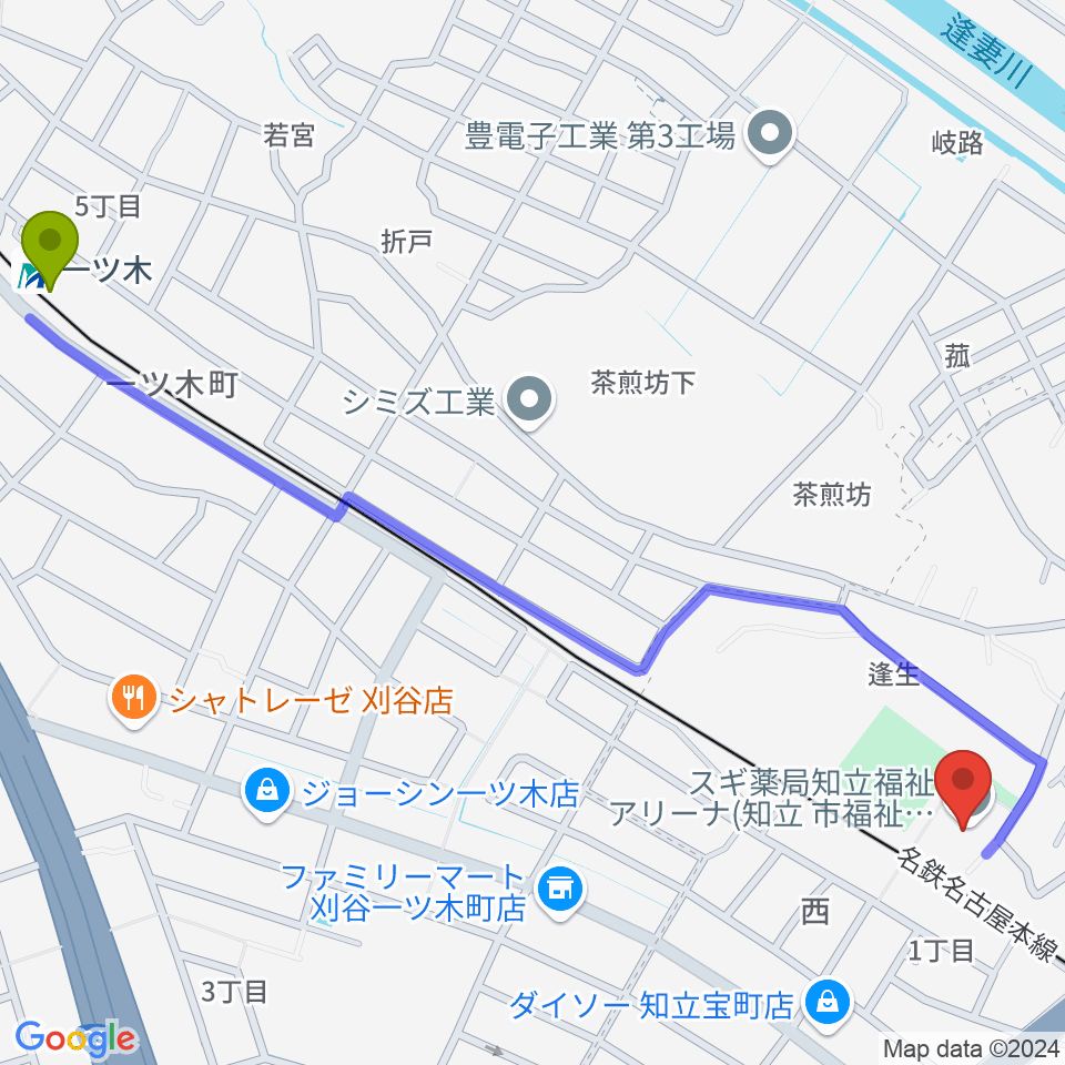 一ツ木駅からスギ薬局知立福祉アリーナへのルートマップ地図