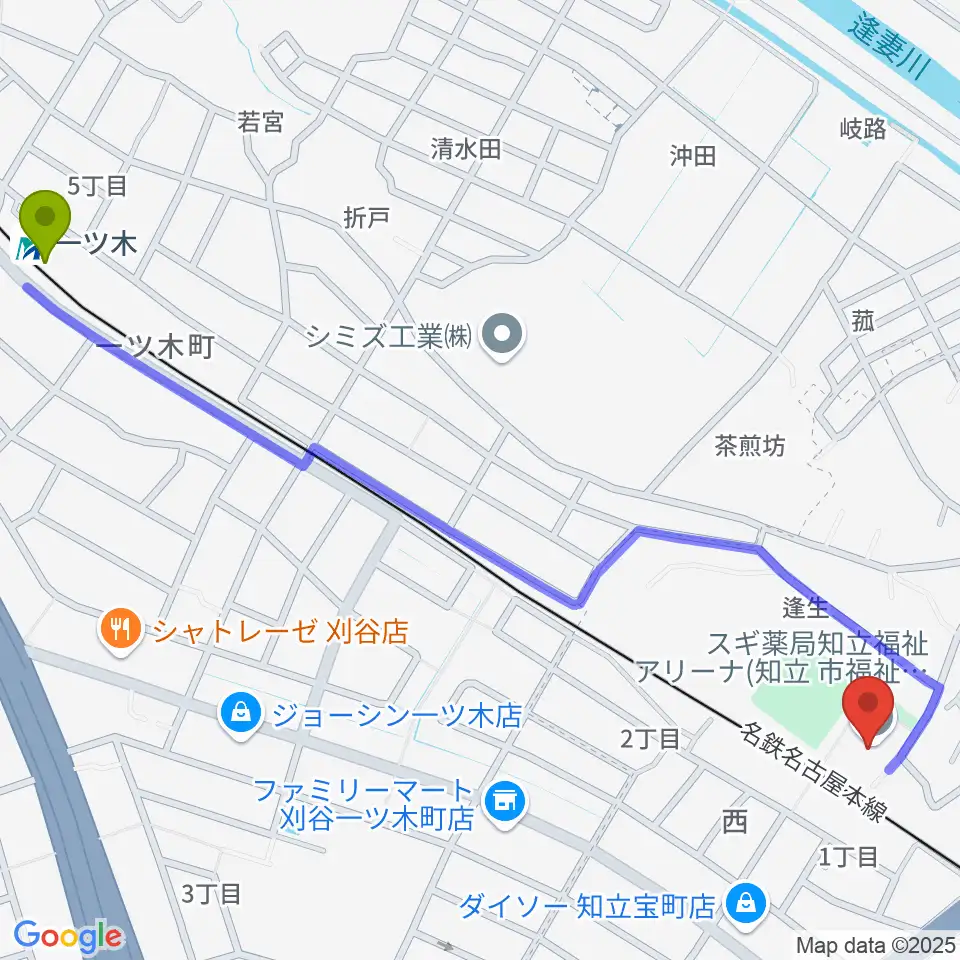 一ツ木駅からスギ薬局知立福祉アリーナへのルートマップ地図